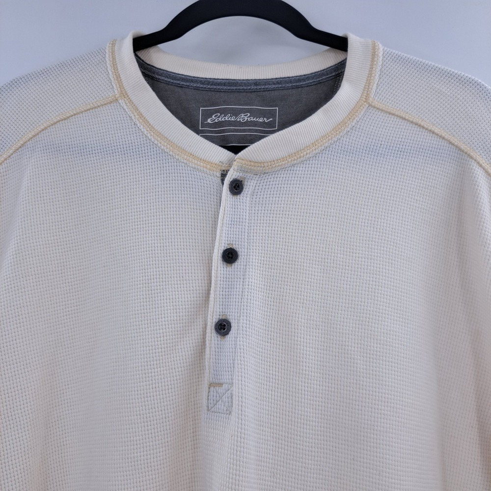 Eddie Bauer Gorpcore Waffle Knit Henley Mens XL Cream Outdoorsy Cabin Rugged - Picture 4 of 10